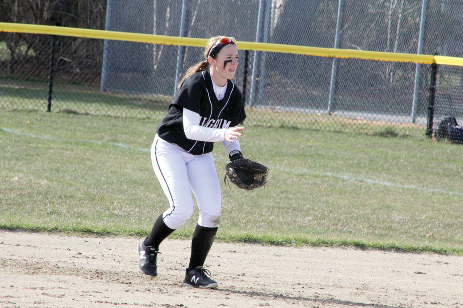 READY TO MAKE A PLAY: Freshman Madison D’Amato, who drove in one of  two Pilgrim runs on Tuesday, settles into her post at second base during Pilgrim’s 4-2 loss to Moses Brown.